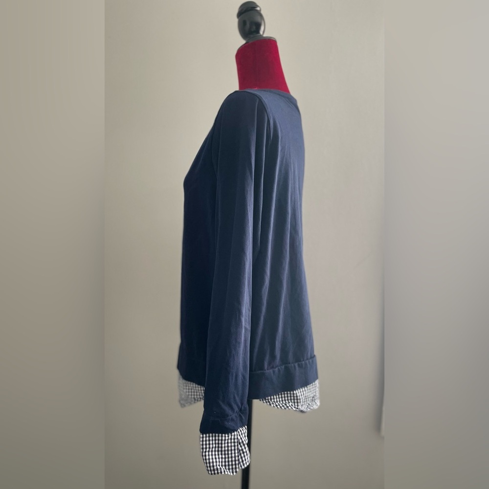 Navy Blue Women's Top with Checkered Cuffs - Picture 2 of 10